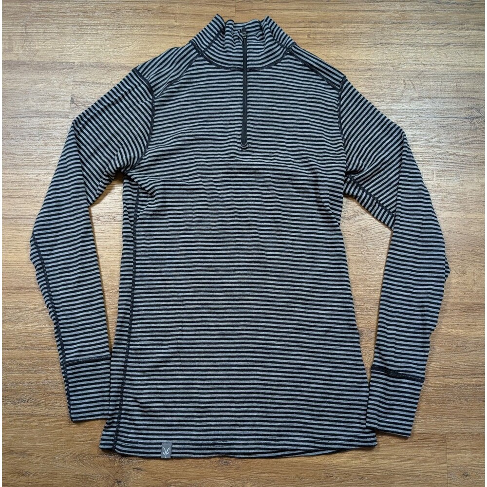 Ibex Woolies 1 Womens Large 1/4 Zip Pullover LS Base Layer Black Gray Striped
